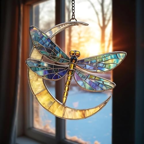 Moon Dragonfly Acrylic Suncatcher 10 Inches, Halloween Decoration Indoor Outdoor, Bedroom Porch Decor, Stained Glass Effect Window Hanging, Celestial Dragonfly Ornament, Mystical Gift for Her by XISZYS