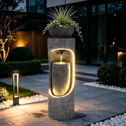 40" Outdoor Water Fountain with Birdfeeder and Innovative LED Strip - Image 2