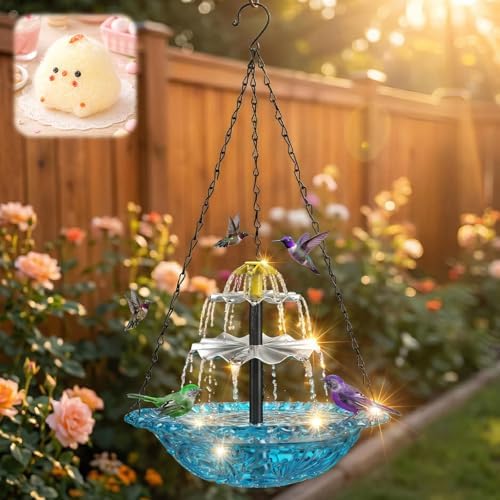 Solar Bird Bath Fountain, Hanging Bird Bath with Solar Powered Water Fountain, Outdoor Bird Bath Bowl with Chain Hook, Garden Patio Balcony Decor, Attract Birds & Keep Water Fresh (Blue) by KTMIES