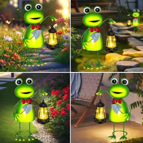 Solar Garden Lights 13.78in Tall Metal Frog Statue with Solar Lantern Decor - Image 5