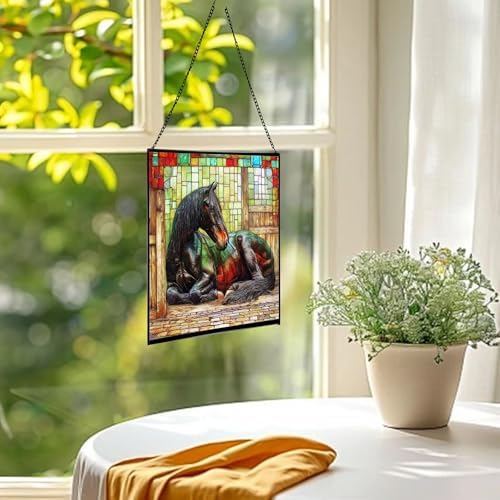 Black Shire Horse Resting Under Stable Eaves Square Suncatcher – Stained Glass Style Window Panel with Pastoral Scene, Custom Decorative Hanging Art for Equestrian Home, Christmas E6Fxuk - Image 3