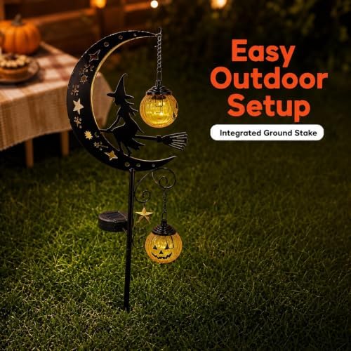 Halloween Solar Garden Stake Light Crescent Moon Black Witch - Image 3