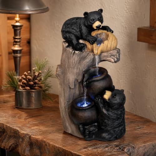 24" Outdoor Water Fountain with LED Lights, Bear Tree Stump Decor - Image 6