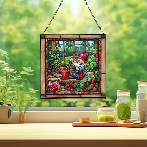 Gnome Making jam Stained Glass Suncatcher – Square Hanging Window Panel for Home, Garden, Nursery, Halloween, Christmas, Memorial Day – Whimsical Glass Art Gift for Gnome Lovers 8ddf8a - Image 2