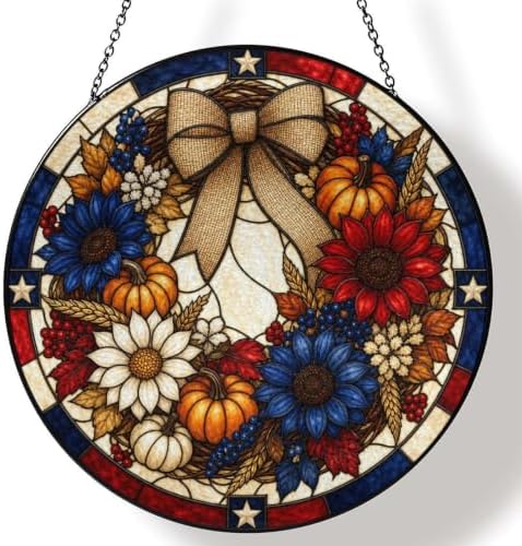 Fall Patriotic Wreath Stained Glass Suncatcher 11.8" Colorful Window Hanging Ornament, Sun Catcher Decor for Bathroom Front Door Living Room Home Wall Garden by FeHuew