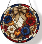 Fall Patriotic Wreath Stained Glass Suncatcher 11.8" Colorful Window Hanging Ornament, Sun Catcher Decor for Bathroom Front Door Living Room Home Wall Garden by FeHuew