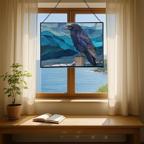 Raven Sitting on Frosted Fencepost Rectangular Stained Glass Suncatcher – Hanging Window Panel with Animal & Nature Scene – Vibrant Glass Art Gift for Wildlife, Fantasy, Nature Lovers h4ByMG - Image 6