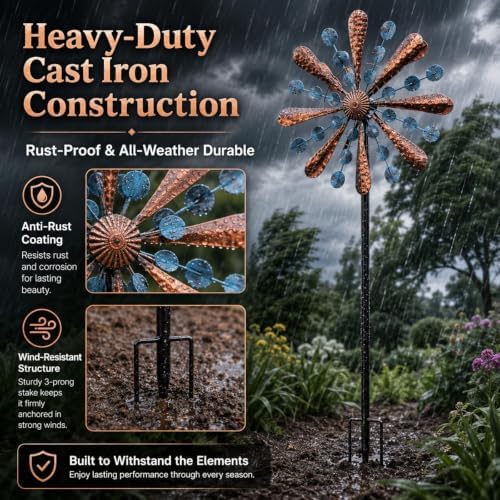 75in Metal Wind Spinner with Solar Light Outdoor Garden Yard Art Decor - Image 5