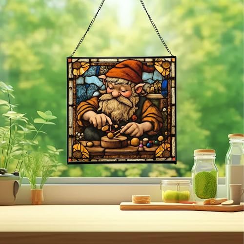 Gnome with Wooden Toys Stained Glass Suncatcher – Square Hanging Window Panel for Home, Garden, Nursery, Halloween, Christmas, Memorial Day – Whimsical Glass Art Gift for Gnome Lovers q52w30 - Image 2