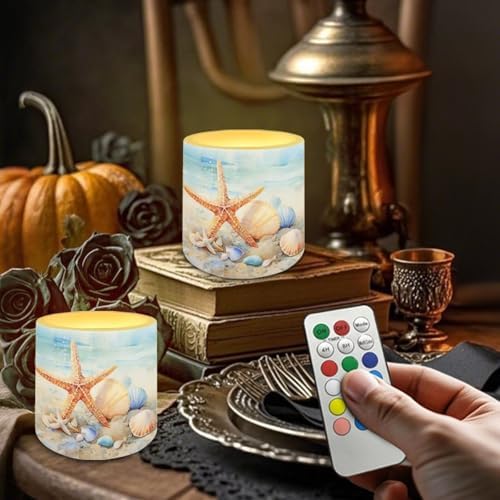 4 Pcs Coastal Flameless Candles Bulk with Remote Battery Operated Pillar Candles with Timer Painting Starfish Shell LED Tea Lights for Beach Theme Home Bathroom Bedroom Decorations - Image 4
