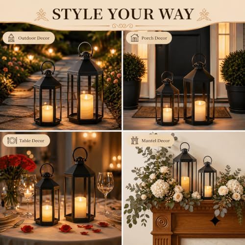 Black Decorative Metal Lanterns Indoor Outdoor, 19" 17" Tall - Image 6