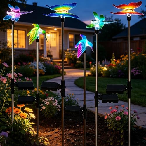 6 Pack Solar Garden Stake Lights Outdoor, Yard Figurine Stake Light, Flower Hummingbird Dragonfly Butterfly for Patio Yard Pathway Decoration (Garden) - Image 2