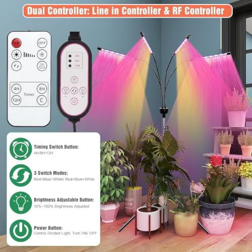 LED Grow Lights for Indoor Plants,4 Heads Red Blue White Full Spectrum Plant Light with 15-63" Adjustable Tripod Stand, Indoor Grow Lamp with Remote Control and Auto On/Off Timer Function - Image 3