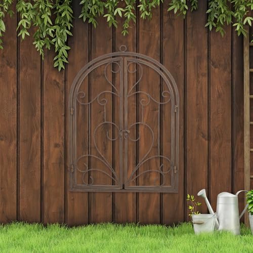 FONDOTIN Faux Window Wall Decor: Iron Art Rustic Window Frame For Garden And Entryway - Farmhouse Wall Art Vintage Decoration For Indoor And Outdoor 13.8"X18.3" Light Brown - Image 5