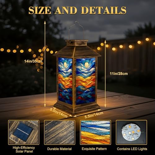 Solar Lantern Outdoor Waterproof Stained Glass Abstract Ocean Waves Sun Vibrant Colors Garden Decor LED Hanging Solar Lights Tabletop Lamp Gifts for Women Mom Outside Yard Patio Porch - Image 2