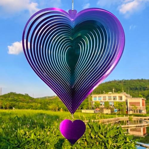 DJUAN 15in Large Heart Wind Spinner Garden Decor,Gifts for Women,Mom and Grandma,Mother's Day,Birthdays, Purple-Green Stainless Steel Hanging Yard Art Outdoor & Indoor Decorations - Image 2