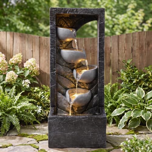 29.1" H Modern Outdoor Water Fountain, 5-Tier Waterfall with LED Lights by Callales