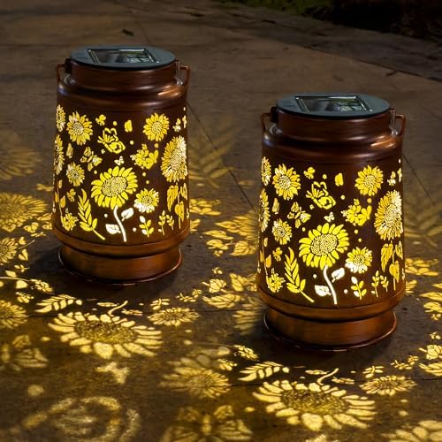 ANYTALK 2 Pack Sunflower Solar Lantern Lights, Outdoor Lanterns Garden Decor, Hanging Solar Lantern for Backyard Porch Patio Table Yard Balcony Lawn Pathway, Gifts for Women Grandma Mom by ANYTALK