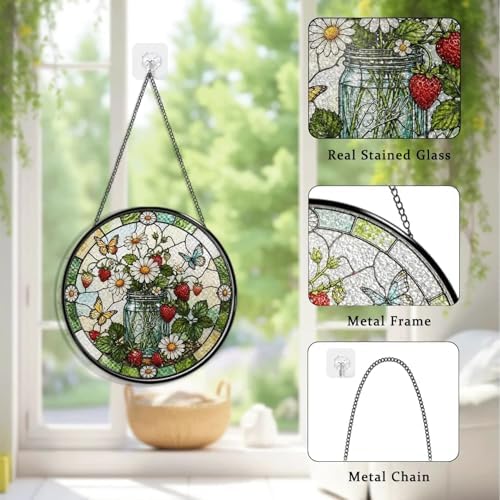 Stained Glass Window Hanging Strawberry Daisy Butterfly Sun Catchers Mason Jar Floral Suncatchers for Home Porch Garden Indoor & Outdoor Decor (9.8x9.8 in) - Image 6