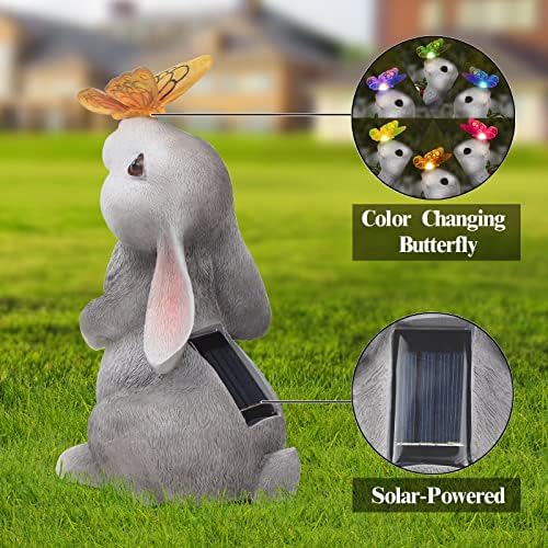 Garden Statue Outdoor Decor Rabbit with Solar Butterfly Changing Lights - Image 2