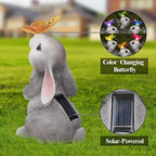 Garden Statue Outdoor Decor Rabbit with Solar Butterfly Changing Lights - Image 2