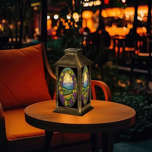 Solar Lantern Stained Glass Window Grapevines Purple Grapes Scenic Vineyard Outdoor Waterproof Garden Hanging Lantern Solar Powered Lighting Outside Table Lamp for Patio Deck Camping 1 Pack - Image 7