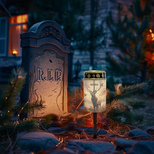 Poceacles 2 Pack Cross Solar Lights Cemetery Solar Lights for Grave Solar Candle Solar Lantern Light Walkway Lights Waterproof Landscape Lighting for Loss of Loved One, Deer Cross Dove of Peace Brown - Image 2