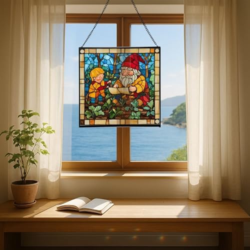 Gnome with Garden Planning Stained Glass Suncatcher – Square Hanging Window Panel for Home, Garden, Nursery, Halloween, Christmas, Memorial Day – Whimsical Glass Art Gift for Gnome Lovers iw0wde - Image 6