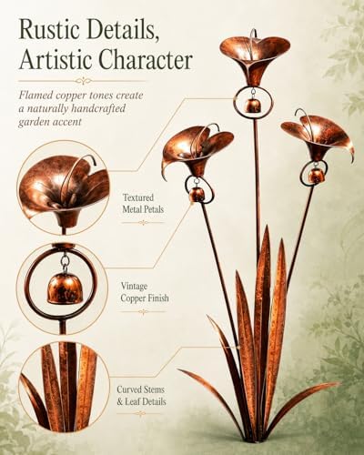 Flamed Copper Three Calla Lilies Garden Stake with Bells, 24 Inch Metal Flower Yard Art Decor, Handmade Rain Catcher Sculpture, Rustic Wind Chime Ornament for Patio Lawn Backyard Gift Idea - Image 4