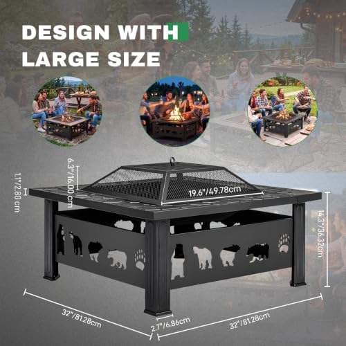 Outvita Outdoor Fire Pit, 32 Inch Square Firepit Table, Bear Cutout - Image 3