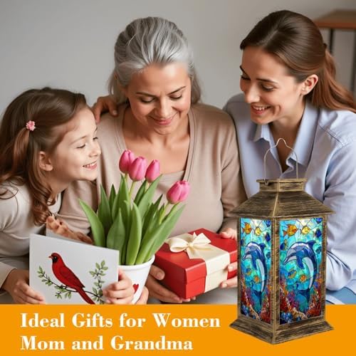 Solar Lantern Outdoor Waterproof Stained Glass Dolphin Colorful Tropical Fish Underwater Scene Garden Decor LED Hanging Solar Lights Tabletop Lamp Gifts for Women Mom Outside Yard Patio Porch - Image 4