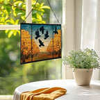 Crows Flying Over Autumn Orchard Rectangular Stained Glass Suncatcher – Hanging Window Panel with Animal & Nature Scene – Vibrant Glass Art Gift for Wildlife, Fantasy, Nature Lovers 90NTOm - Image 2