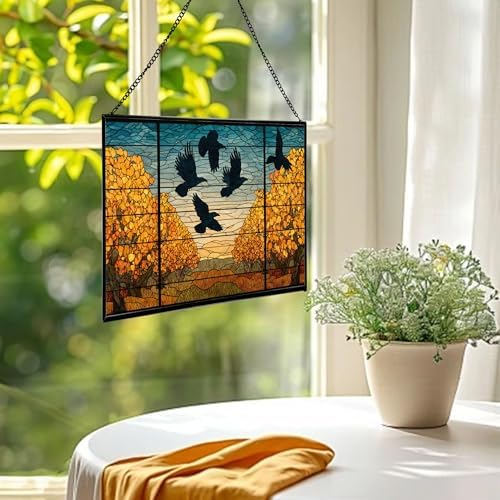 Crows Flying Over Autumn Orchard Rectangular Stained Glass Suncatcher – Hanging Window Panel with Animal & Nature Scene – Vibrant Glass Art Gift for Wildlife, Fantasy, Nature Lovers 90NTOm - Image 2