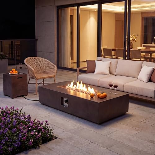 COSIEST 2-Piece Outdoor Propane Fire Table Set, Rectangle Concrete 56" x 28" Bronze Fire Pit (Certified, 50,000 BTU) w 20lb Tank Table,Waterproof Cover for Garden, Porch, Backyard - Image 2