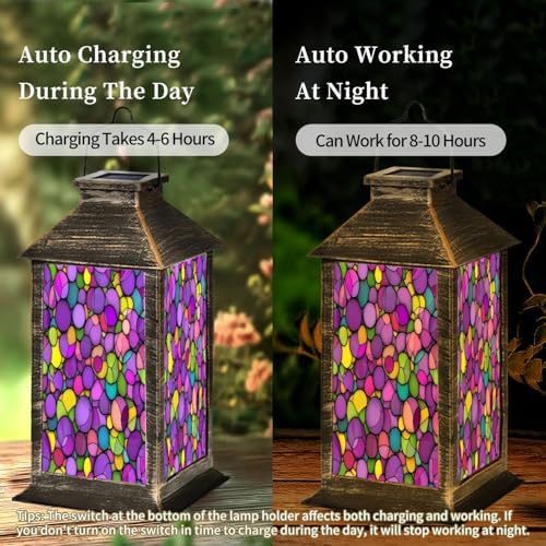 Solar Lantern Abstract Stained Glass Mosaic Purple Violet Outdoor Garden Hanging Lantern Waterproof Solar Powered Lighting Outside Table Lamp for Deck Yard Camping Patio Decor - Image 4