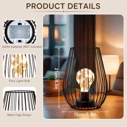 TRIROCKS Metal Cordless Table Lamp - 8'' Tall Set of 2 Cage Shape Battery Operated Lamp with Fairy Lights Bulb for Indoor/Outdoor Use Perfect for Christmas Garden and Weddings (Black,Set of 2) - Image 3