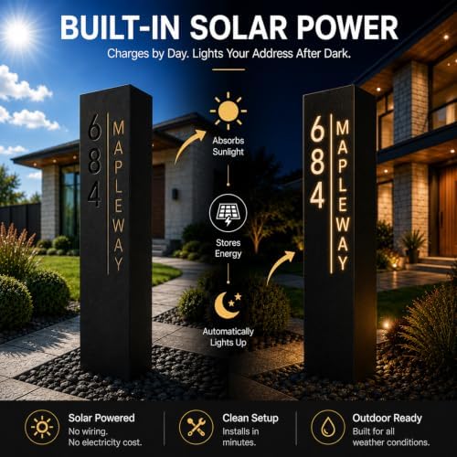 Custom Solar Address Sign, Personalized Lighted House Number Pillar - Image 2