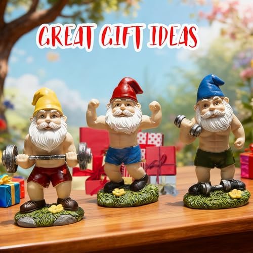 Funny Workout Garden Gnomes Statues 3pcs 6.2 Inches Outdoor Muscular, Barbell and Dumbbell Gnomes Decorations Set Gnome Gifts for Yard Lawn Patio, Indoor Gnome Figurine for Home Tabletop - Image 3