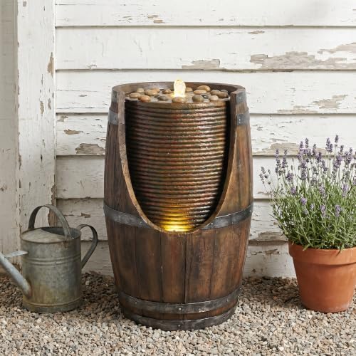 24.8" H Garden Outdoor Water Fountain with Lights, Rustic Barrel Waterfall - Image 2