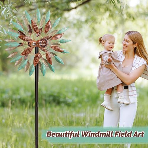 Wind Spinners Outdoor, 360° Metal Windmills for Yard Garden Art Decor, Kinetic Wind Sculptures with 5 Stake for Lawn Patio Outside Ornaments, 13.7" W x 64.3" H (Green+Brown) - Image 4