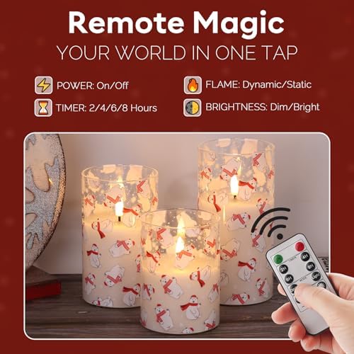 Eywamage Bear Christmas Glass Flameless Pillar Candles with Remote Set of 3 - Image 4