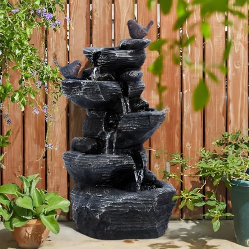 5-Tier Cascading Rock Outdoor Waterfall Fountain, Garden Fountains with LED Lights, Weather-Resistant Resin, Soothing Water Flow, Waterfall Fountain for Patio, Backyard, Indoor/Outdoor Decor Black1 - Image 3