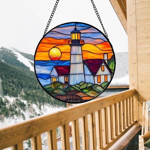 Stained Glass Window Hanging - Sea Lighthouse Suncatcher for Door Terrace Garden Home Decor Sunset Beach Scenery Sun Catcher Birthday Gifts for Lovers Women Men Dad Mom Nana 9.8 in - Image 5
