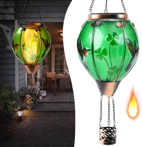 St Patricks Hot Air Balloon Solar Lantern - Patrick's Shamrock Glass Lantern, Simulated Flickering & Dancing Flame, Outdoor Hummingbird Hanging Yard Light for Patio Porch Decor Irish Clover Gift by Unknown