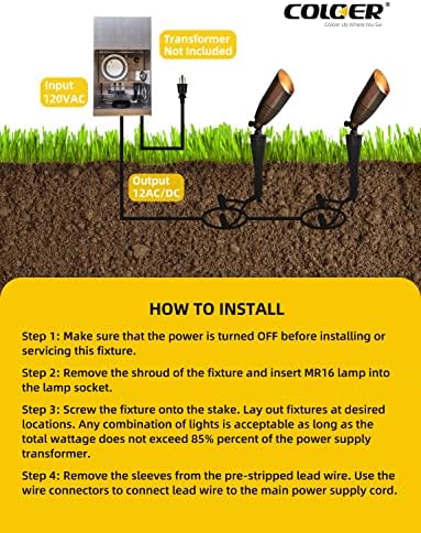 COLOER 4 Pack Brass Landscape Spotlights Outdoor with 5W MR16 Bronze(102B) - Image 6