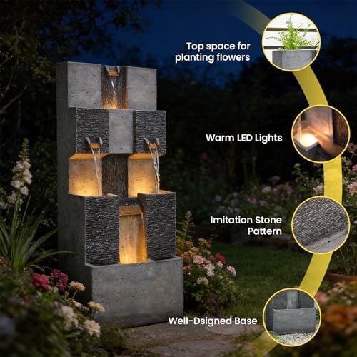 Sunlinua 48" Modern Grid Outdoor Water Fountain with Led Light - Image 3