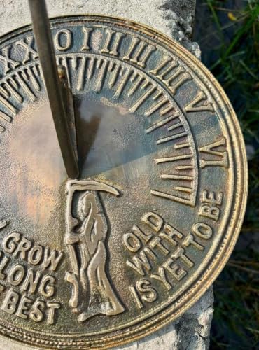 Solid Brass Father Time Sundial with Verdigris Highlights - Antique Garden Sundial Clock with Grow Old Along with Me Quote - Image 3