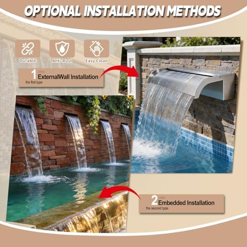 Curved-Mouth Waterfall Pool Fountain, Stainless Steel Waterfall Spillway with Pipe Connector Kits for Outdoor Decorative, 11.8 Inches Pool Water Feature for Garden Patio, Backyard Koi Pond Decor - Image 4