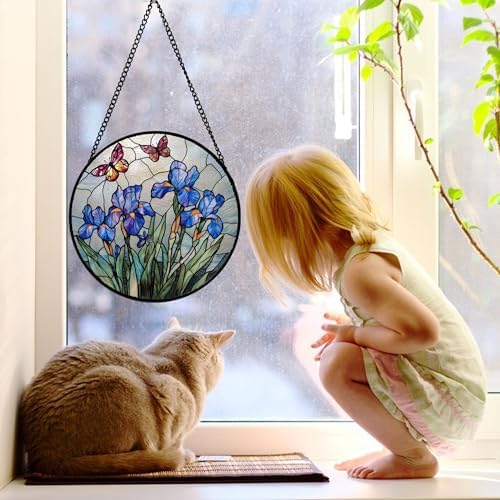 Purple Iris Butterfly Stained Glass Window Hanging Suncatcher Gifts 15" - Image 2