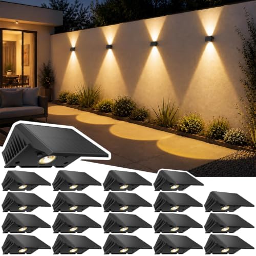 Solar Lights Outdoor Waterproof IP67, WarmWhite Solar Wall Lights Outdoor, Up and Down Fence Lights Solar Powered Dusk to Dawn for Patio, Garden, Backyard, Porch, Pathway, Door, Garage (20 Pack) by Delaiglow
